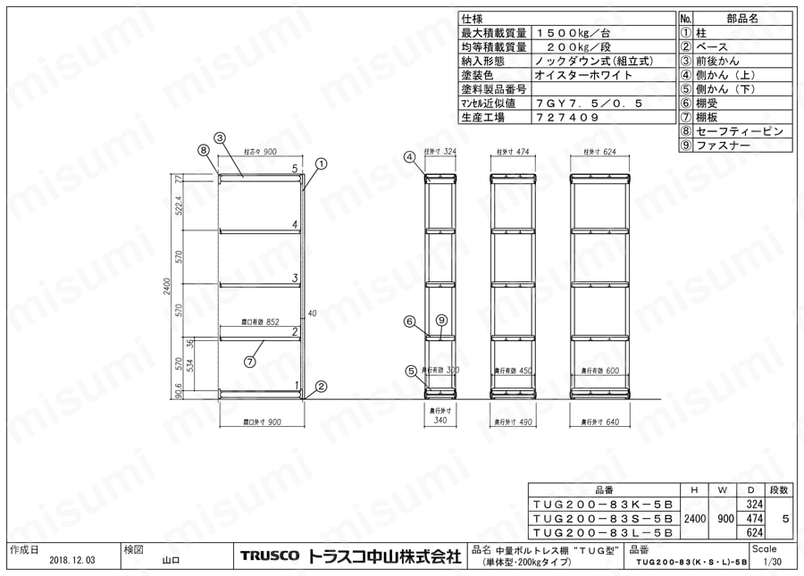 軽中量ボルトレス棚 TUG 単体/連結型（200kg,高さ2400mm,5段 