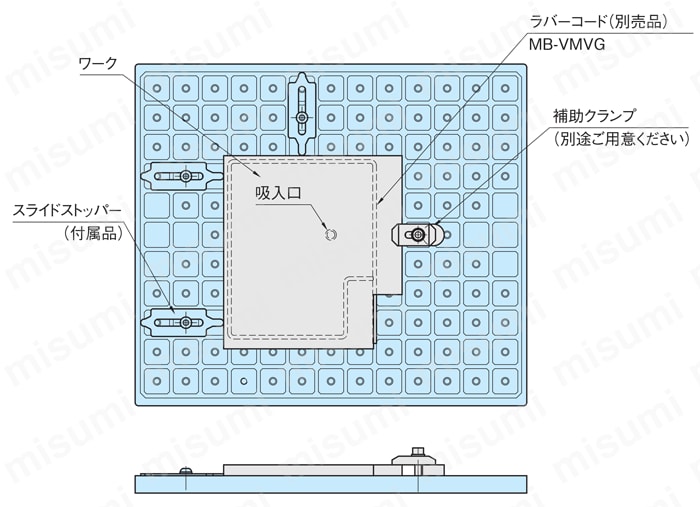 MB-VM300VPN バキュームプレート スライドストッパーと補助クランプの取付け例