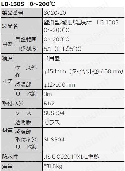 佐藤計量器製作所 壁掛型隔測式温度計 LB-150S (0〜150℃) (No.3020-15