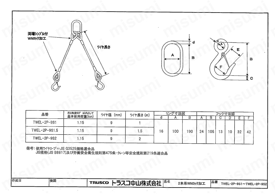 玉掛けワイヤロープスリング アルミロック（2本吊りタイプ/スリング径9mm） トラスコ中山 MISUMI(ミスミ)