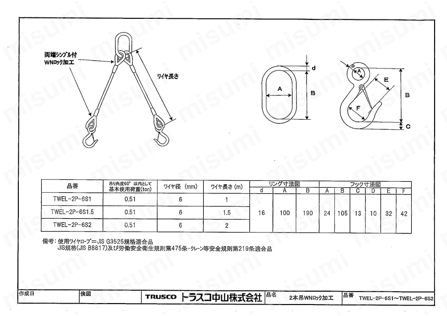 玉掛けワイヤロープスリング アルミロック（2本吊りタイプ/スリング径6mm） トラスコ中山 MISUMI(ミスミ)