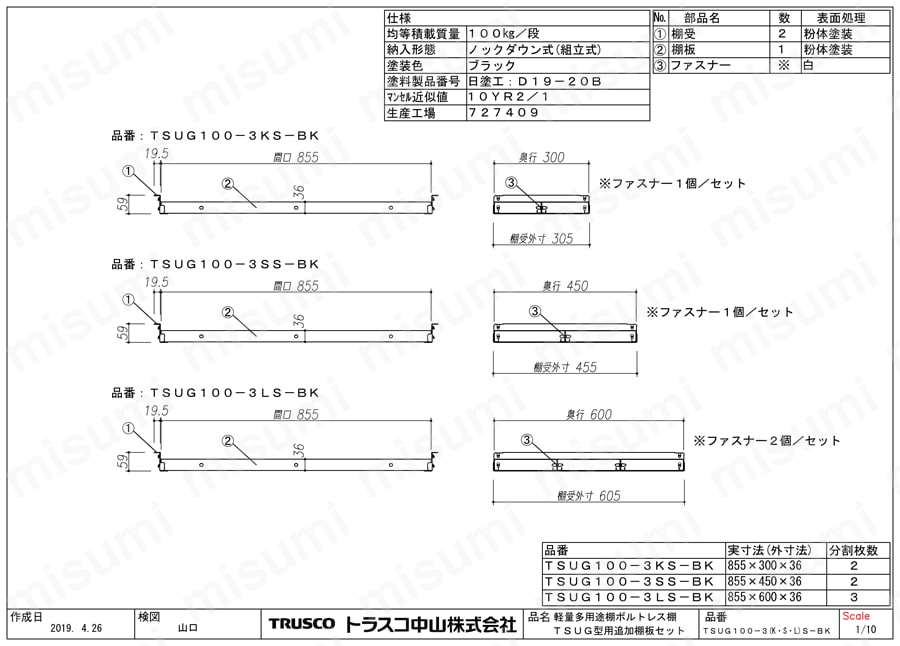 TRUSCO TSUG型用追加棚板（中受金具付） トラスコ中山 MISUMI(ミスミ)