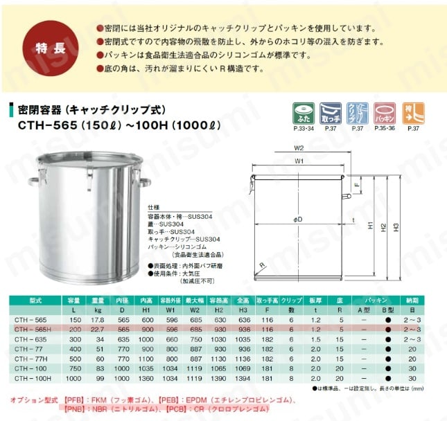 密閉式ステンレスタンク クリップタイプ CTH-565H B型NBRパッキン付 200L