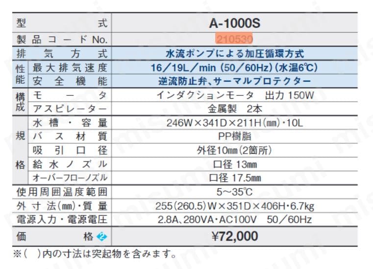 アスピレーター A-1000S TGK 東京理化器械 MISUMI(ミスミ)