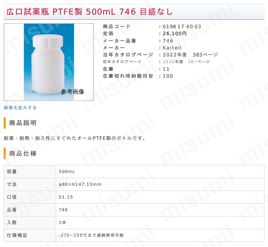 744 広口試薬瓶 PTFE 100mL～1L Kartell MISUMI(ミスミ)