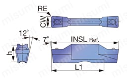 タンガロイ・JCTER/L用・溝入れ用チップ・突っ切り用チップ DTF外形図