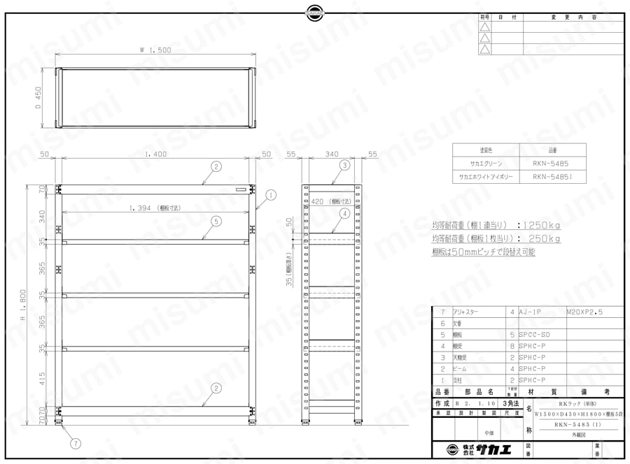 RKN-8685 | RKラック(均等耐荷重:250kg/段・5段タイプ RKN-8685 | RKラック(均等耐荷重:250kg/段・5段タイプ