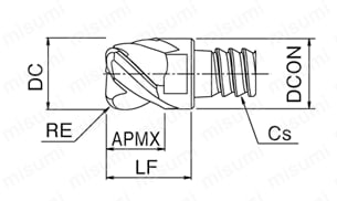 フェニックスシリーズ ヘッド交換式エンドミル 3枚刃 コーナーラジアス形状 PXM PXDR 外形図