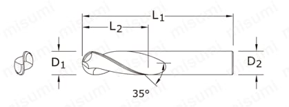 SGS S-Carb 2枚刃 非鉄金属用ボールエンドミル 47MB 外形図