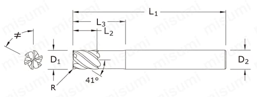 SGS T-Carb 6枚刃 高速加工用ロングリーチラジアスエンドミル 51MLC 外形図