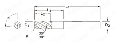 SGS Z-Carb-AP 4枚刃 不等すくい角 ロングリーチラジアスエンドミル Z1MPLC 外形図