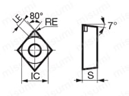 住友電工ハードメタル・PCD・NF-CCMW・80°ひし形・ポジ・穴有・旋削チップ 外形図