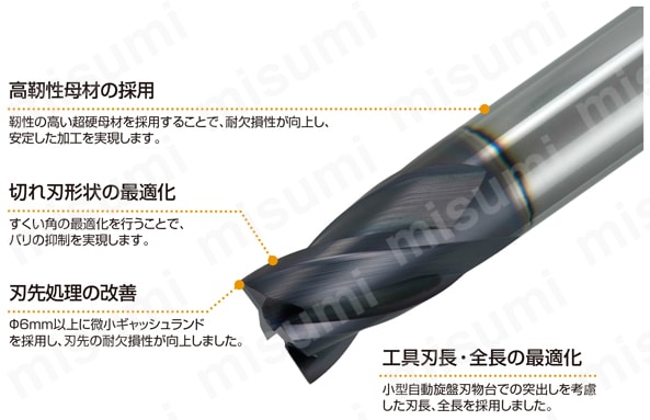 MP4EC 4枚刃エムエスプラス自動旋盤用エンドミル 刃先を酷使する加工においても欠けの無い安定した加工を実現