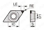 タンガロイ・PCD・1QP-DCGT-NS・55°ひし形・ポジ・穴有・旋削チップ 外形図