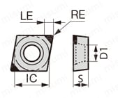 タンガロイ・CBN・2QP-CCGT-HS・80°ひし形・ポジ・穴有・旋削チップ 外形図