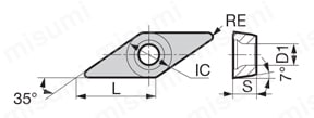 住友電工ハードメタル・VCGT1103-FF・35°ひし形・ポジ・穴有・旋削チップ 外形図