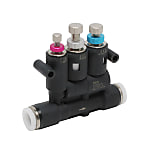 Flow Controls - Inline 3-Run, with Union Ends for Cushioning with Cylinders, Meter Out, Resin, 3-Knob Adjustment, BJS Series