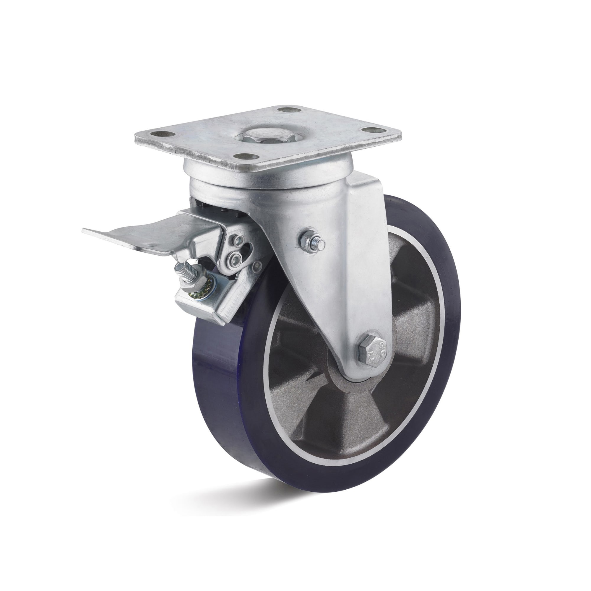 Swivel Castors with double stop and elastic polyurethane wheel / Steering housing / Mounting plate