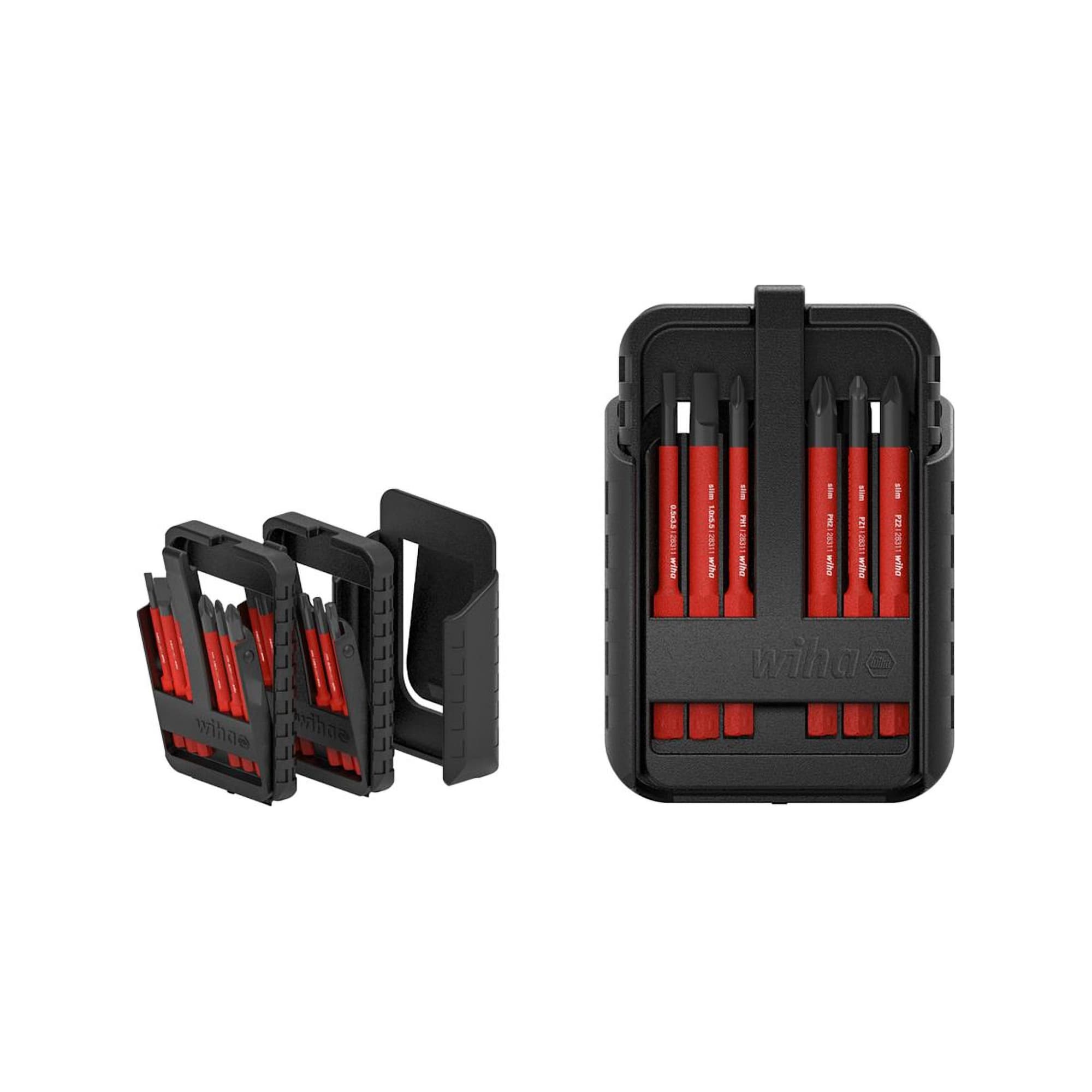 slimBit Electric Bit Set, Slotted, Phillips, Pozidriv, PlusMinus/Pozidriv, TORX®, 12 Pieces, Including slimBit Boxes and Belt Holder