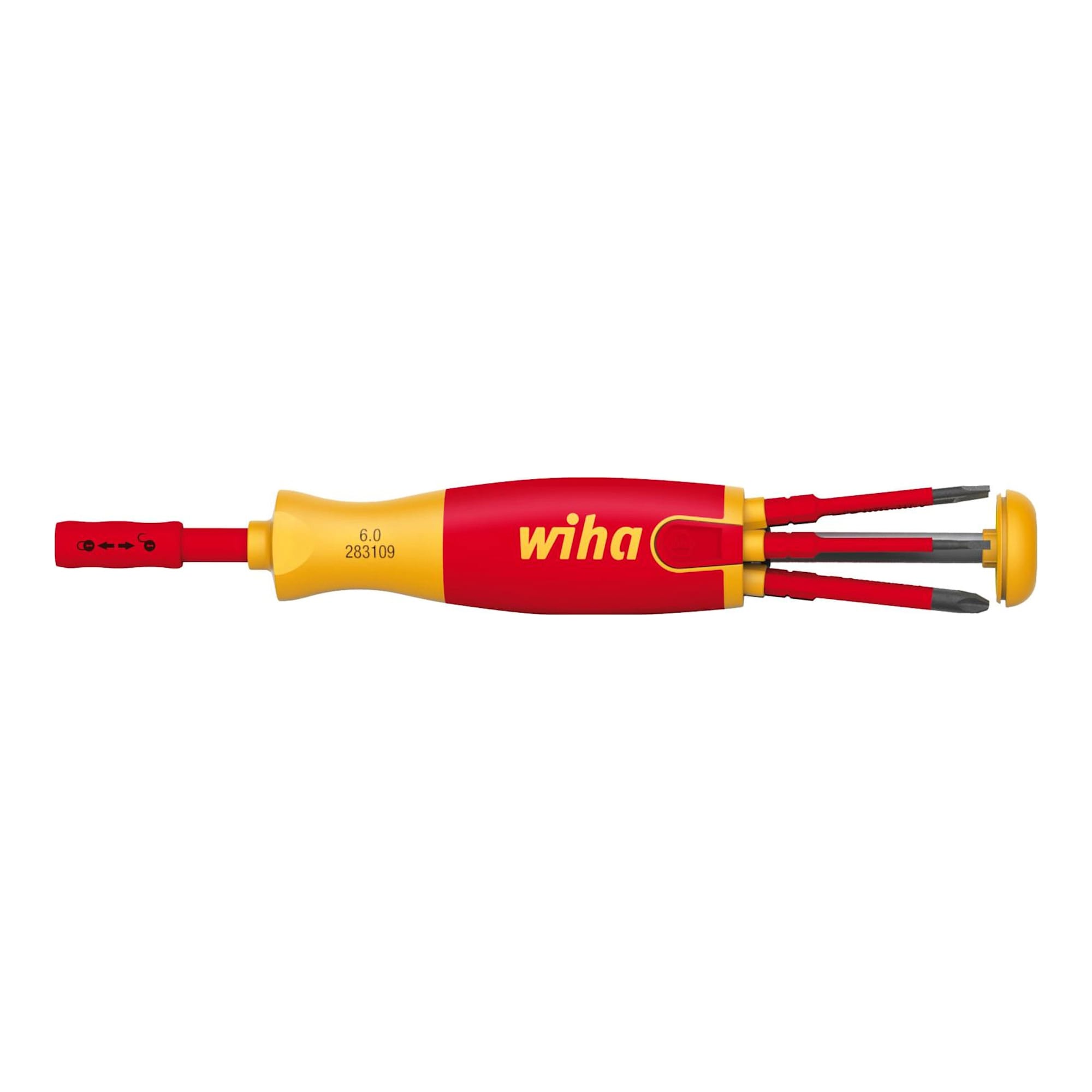 Screwdriver with Bit Magazine LiftUp Electric, Phillips, PlusMinus/Pozidriv, Slotted with 6 slimBits
